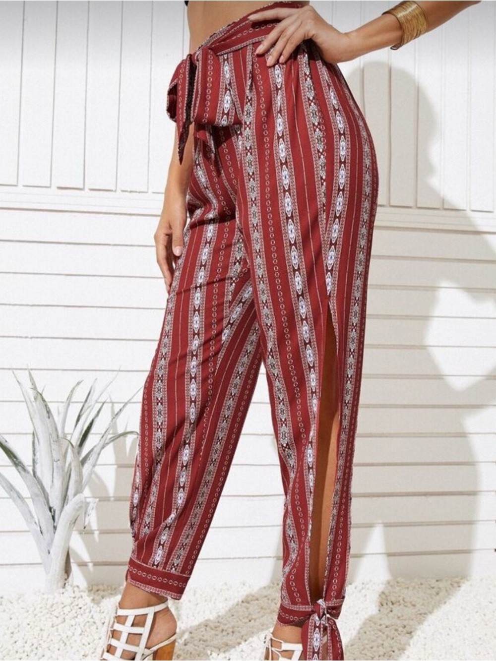 Striped Tie-Waist Red Print Pants